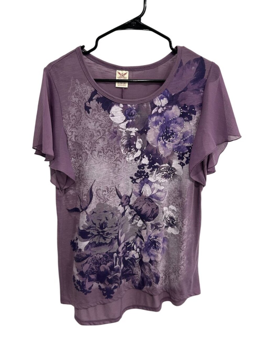 Faded Glory Large Purple Floral Print Blouse Flutter Sleeves Romanticcore